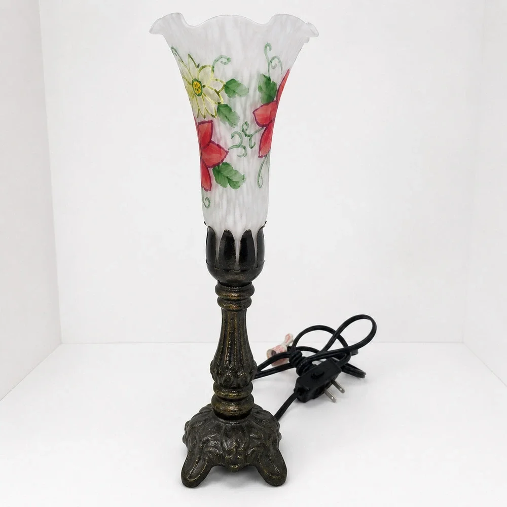 Vintage Style Frosted Glass Tulip Accent Lamp Hand Painted Red Poinsettia Floral
